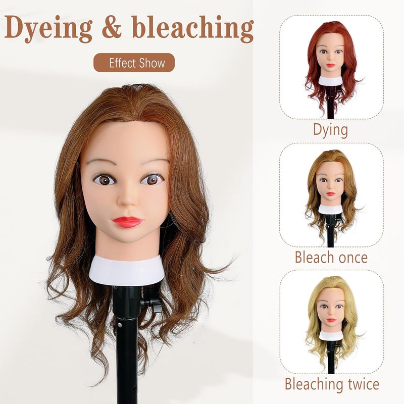 Opini Mannequin Head with 100% Real Human Hair 20-22" Cosmetology Mannequin Head to Practice Hairstyles Bleaching Training Learning Head for Hairdresser With Free Clamp Holder (Brown-W25) - Image 2